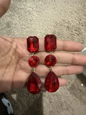 Red Earrings Gold Dangle Drop Rhinestone Prom Long Crystal Pageant
