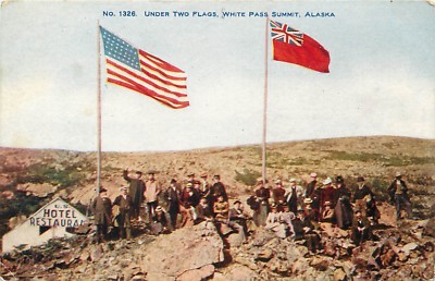 Antique DB Postcard AK F066 Under Two Flags White Pass Summit People U.S. Hotel