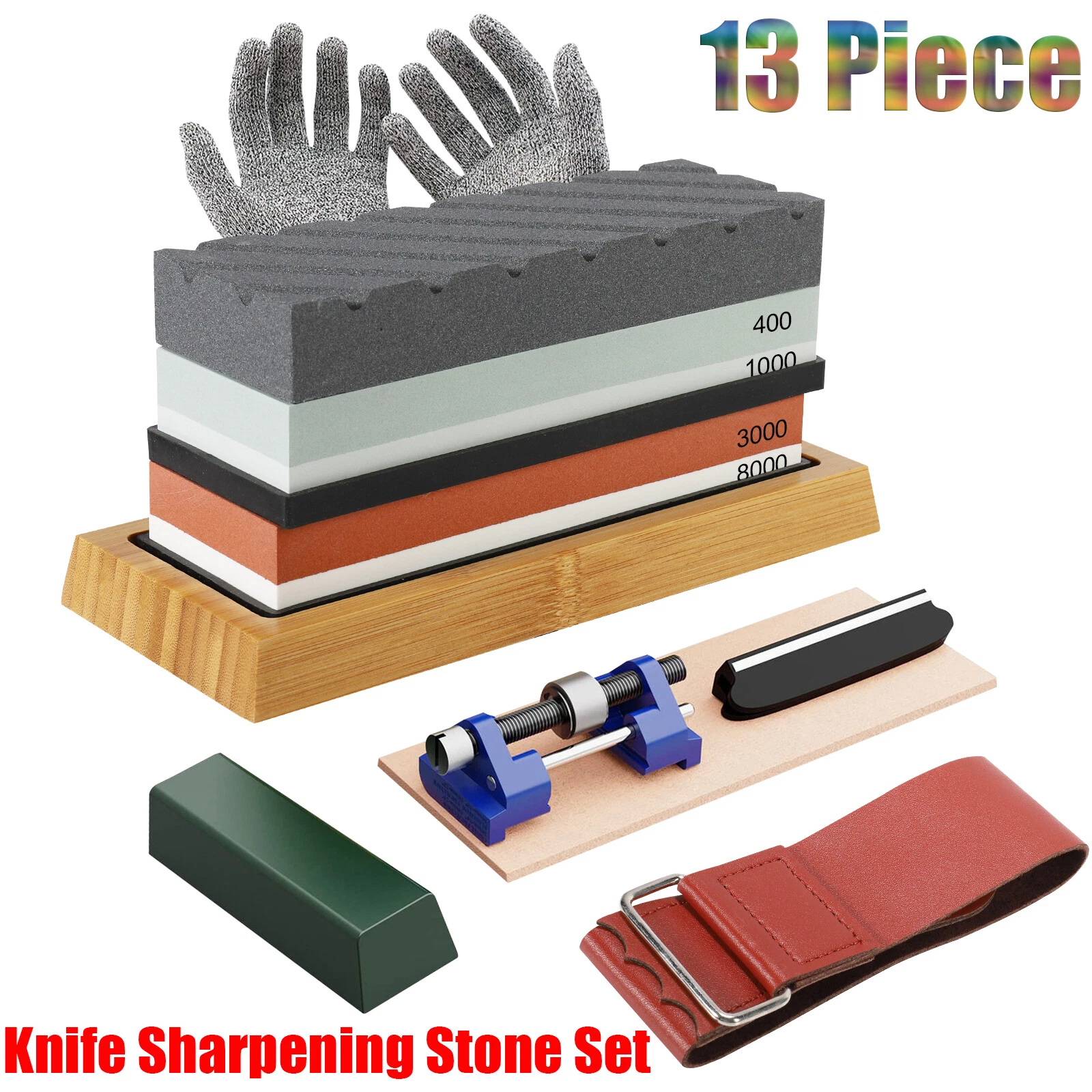 13 Piece Knife Sharpening Stone Set Dual Whetstone Sharpener 400/1000 3000/8000