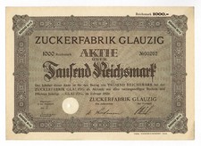 Cukrownia GLAUZIG – Saksonia-Anhalt – akcje ponad 1000 RM – luty 1929