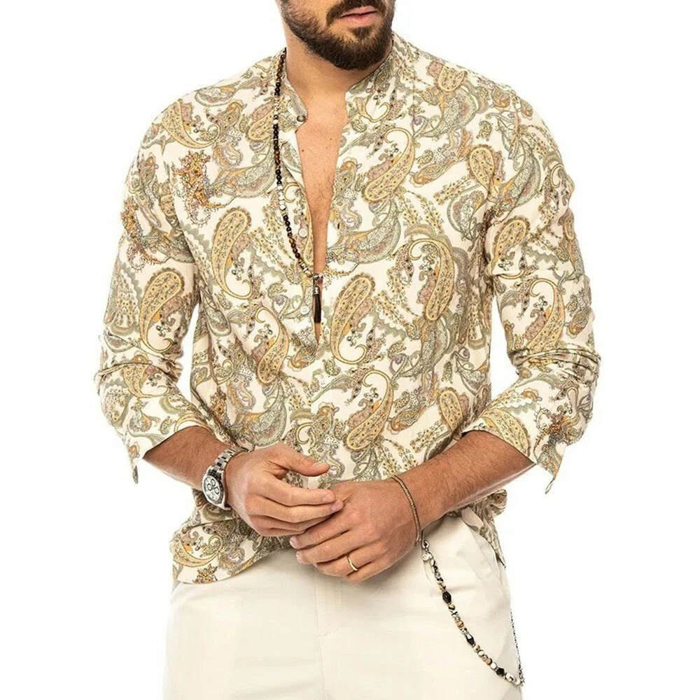 Mens Floral Long Sleeve Shirts Casual Slim Fit T-Shirt Tops Button Down Blouse