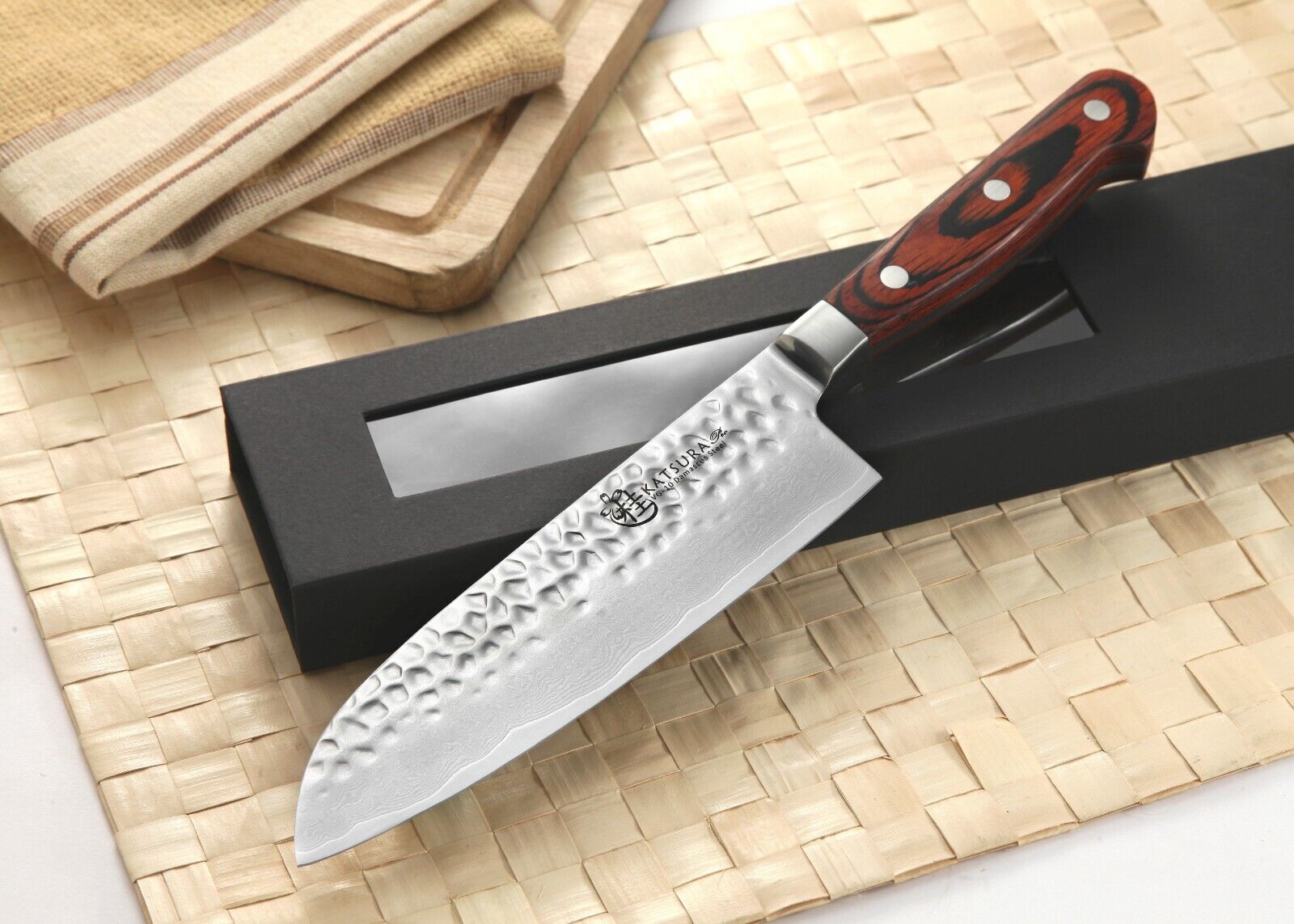 KATSURA Japanese 67 Layers Damascus VG-10 hammered steel Santoku Chef Knife 7in