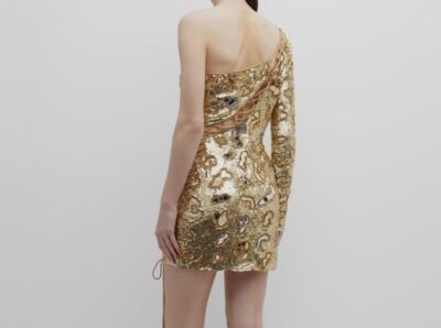 $5110 DUNDAS Woman's Gold Sequin-Embellished One-Shoulder Dress Size 44