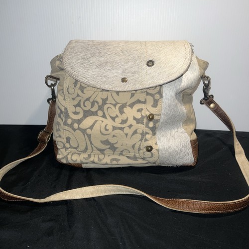 Myra Crossbody Bag Canvas and Calf Hair Messenger Flap Purse Cream Gray