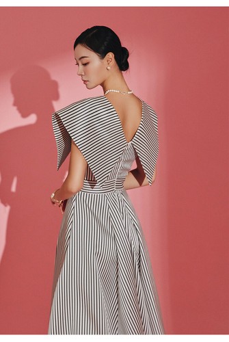 Abito lungo donna Runway a righe stile francese grande bavero scollo a V linea A swing taglia - Foto 11 di 25