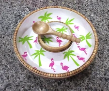 Temp-tations Seasonal Wood Chip and Dip Bowl 3 pc Set Flamingos and Palm Trees
