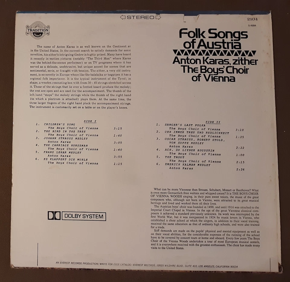 Folk Songs of Austria Anton Karas & Boys Choir by Everest Records 33rpm VINYL LP - Image 3 of 3