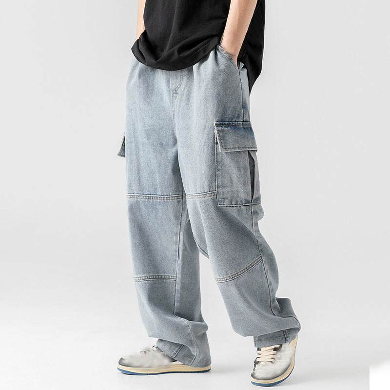 【YOURNUS】Goya Retro Cargo Denim Retro Japanese Men Washed Denim Cargo Pants Jeans Overalls
