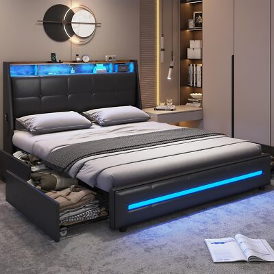 #ad Queen Bed Frame with 4 Storage Drawers Charging Station and LED LightsPU Black $279.98