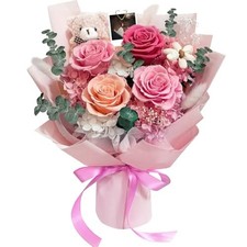 Preserved Flowers Bouquet with Bear Photo Clip,Last 1-3 Years,4 Real pink