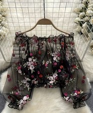 Sheer Mesh Crop Top Floral Lantern Sleeve Whimsigoth Fairy Dark Romantic Sz XL