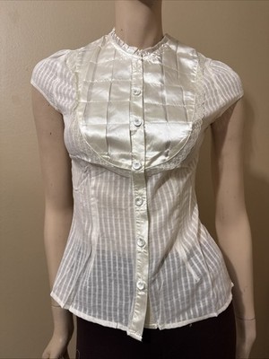 Women s Ivory Cotton Casual Sheer Striped Lace Satin Buttons Size S Blouse Top