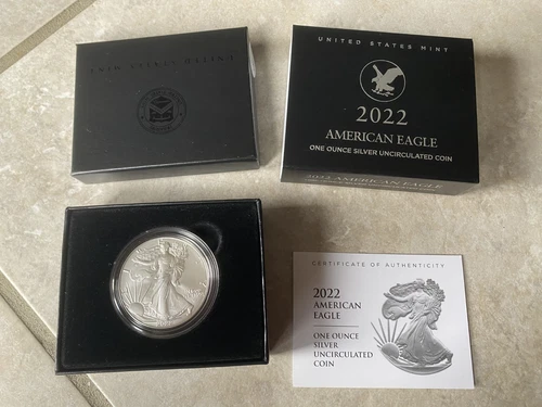 2022-W 1oz Burnished Silver Eagle in Mint packaging with OGP