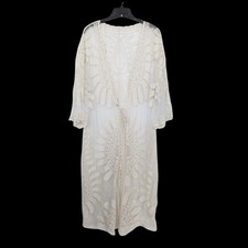 Boho Lace Kimono Duster Ivory Sheer Embroidered Beach Cover Up Festival OS