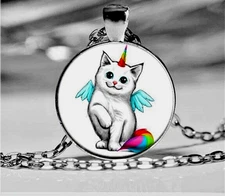 RAINBOW CAT UNICORN ANGEL WING ART Pendant Sterling 925 Silver 20" Necklace LGBT