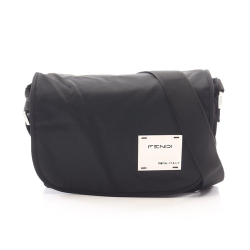 FENDI Logo Plate Shoulder Bag Nylon Black 26774