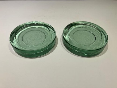 #ad Vintage Green Recycled Glass Candle Holder Planter Base Coaster Art set of 2 $28.00