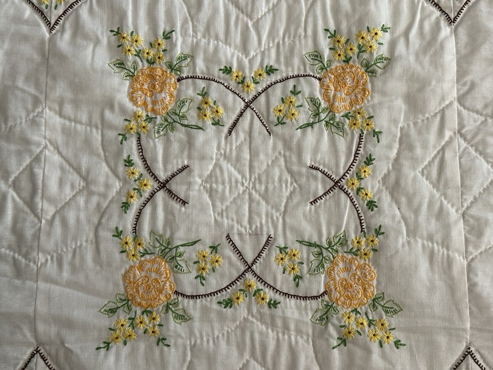 Handmade Embroidered Quilt Hand Quilted Vintage Yellow Flowers Floral ...