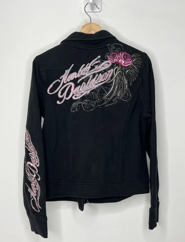 Chaqueta Harley Davidson Mujer Grande Negra Bordada a Presión Rosas Rock De Colección Y2K Foto 2 de 4