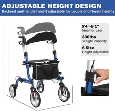 2-in-1 Folding Rollator Walker & Transport Chair Wheelchair Combo Adjustable