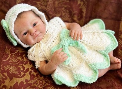 Crochet Baby Bow Frock & Sunhat Set White & Green Chevron 0-3 Months
