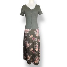 90s  Olive Green Floral Midi Dress Romantic Cottage Fairy Feminine Button Front
