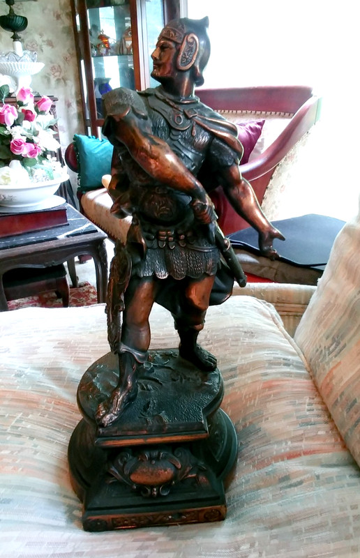 Antique Spelter ,  Cast Metal Roman Warrior, Gladiator Mantle Statue 16"