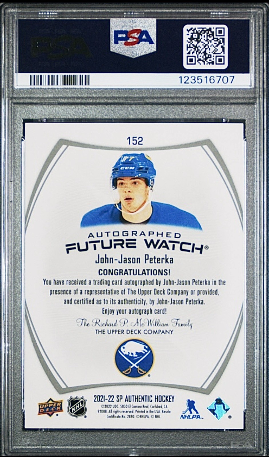 2021-22 SP Authentic Future Watch Auto Incribed  Date JJ Peterka /999 152 PSA 10 view 2