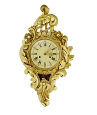 MID CENTURY SWEDISH CARVED ROCOCO REVIVAL GILT WALL CLOCK