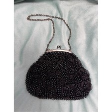 Black Beaded Floral Evening Bag with Chain Strap