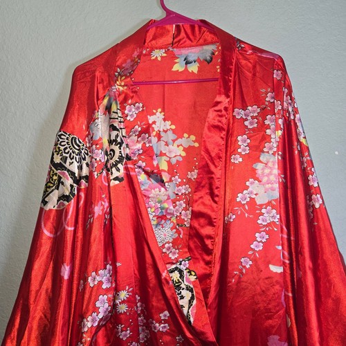 Kimono Stil Morgenmantel Damen Rot Blumenmuster Seide Langarm Luxuriös Orientalisch - Bild 2 von 11