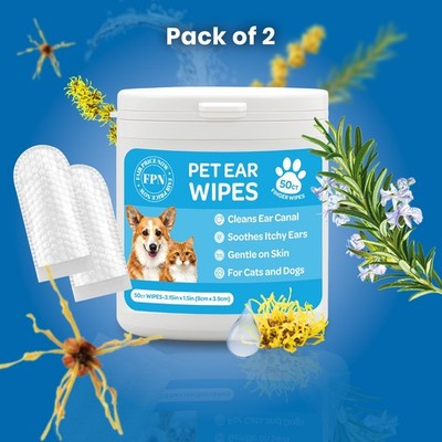 Pet Ear Wipes for Dogs Cats -Dog Ear Cleaner Wipes, Finger Wipes Rosemary -100CT