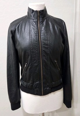 Miss London Black Faux Leather Moto Bomber Jacket Women's Size Large