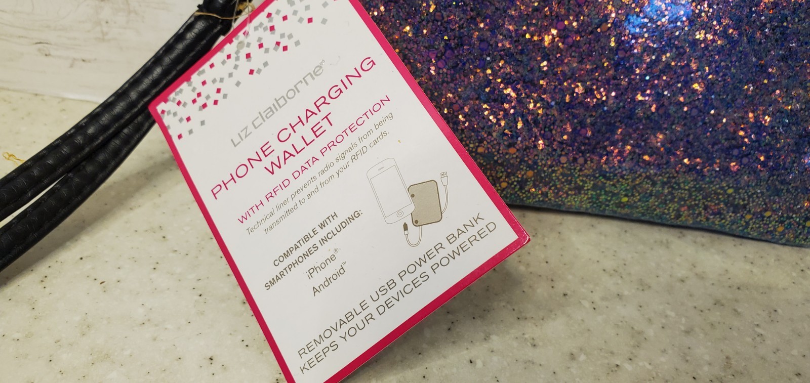 Liz Claiborne Glitter Phone Charging Wristlet Wallet RFID NWT Power Bank 5"x8"