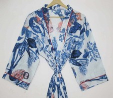 Indian Owl hand print 100 cotton Blue robe gown women Boho maxi kimono dress