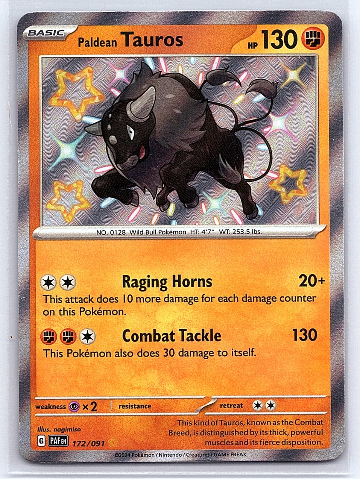 Paldean Tauros 172/091 Shiny Rare Paldean Fates Pokemon Holo Near Mint
