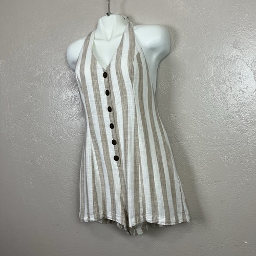 Mameluco halter corto forrado a rayas beige/blanco talla grande para mujer - Imagen 4 de 14