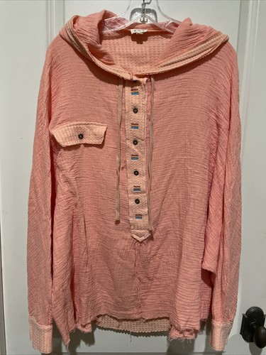 POL Peach Crinkle GAUZE OVERSIZED Hooded Boho Beachy SHIRT Tunic Top Large - Picture 3 of 6