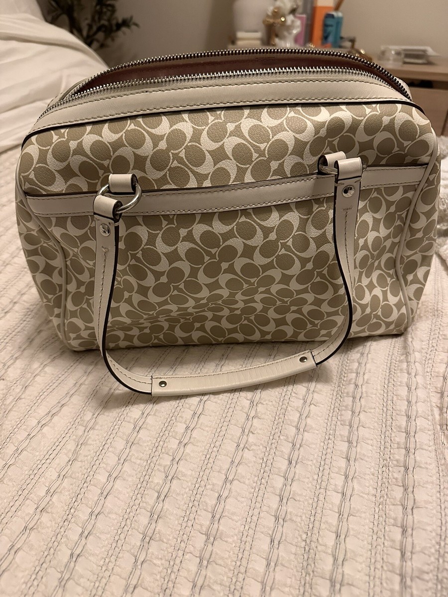 COACH White, Beige & Pink Chelsea HERITAGE Stripe Leather Satchel