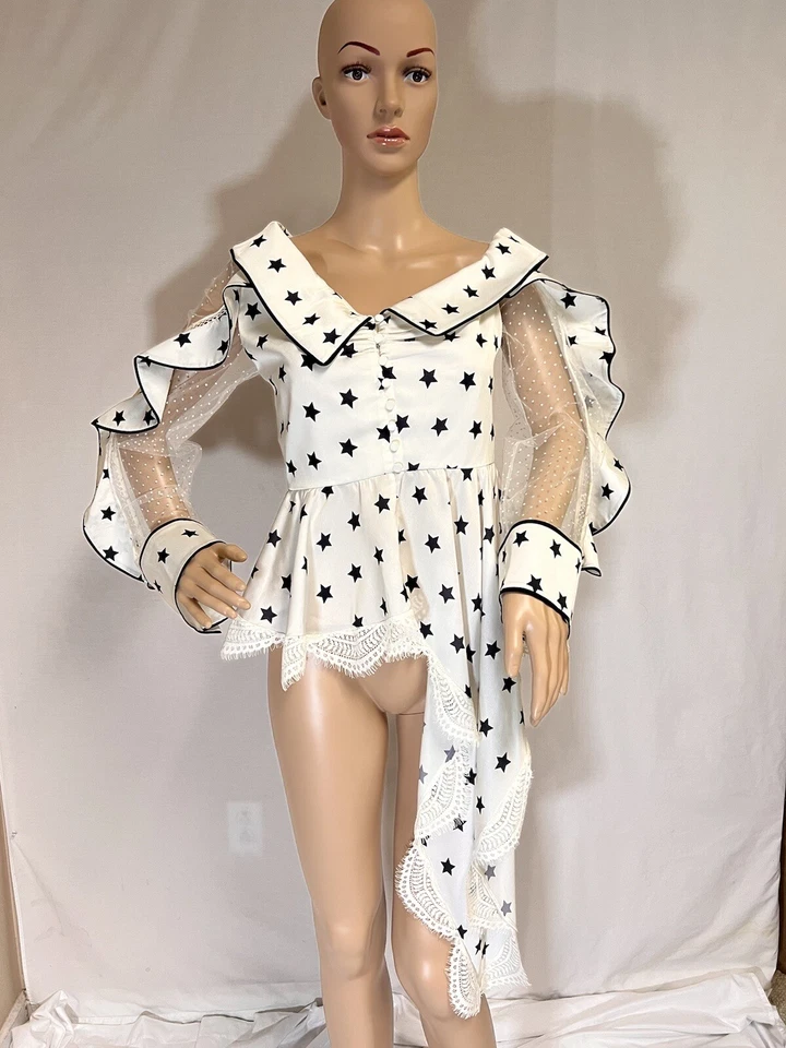 Top de mujer autorretrato, manga larga, negro-blanco, asimétrico, transparente, talla 4