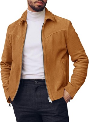 Runcati Men's Suede Jacket Full Zip Casual Vintage Jackets Lightweight Classic T