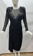 Vtg Casadei Black Sheer Sequin Beaded 80's Glam Ruched Draped Cocktail Dress 10