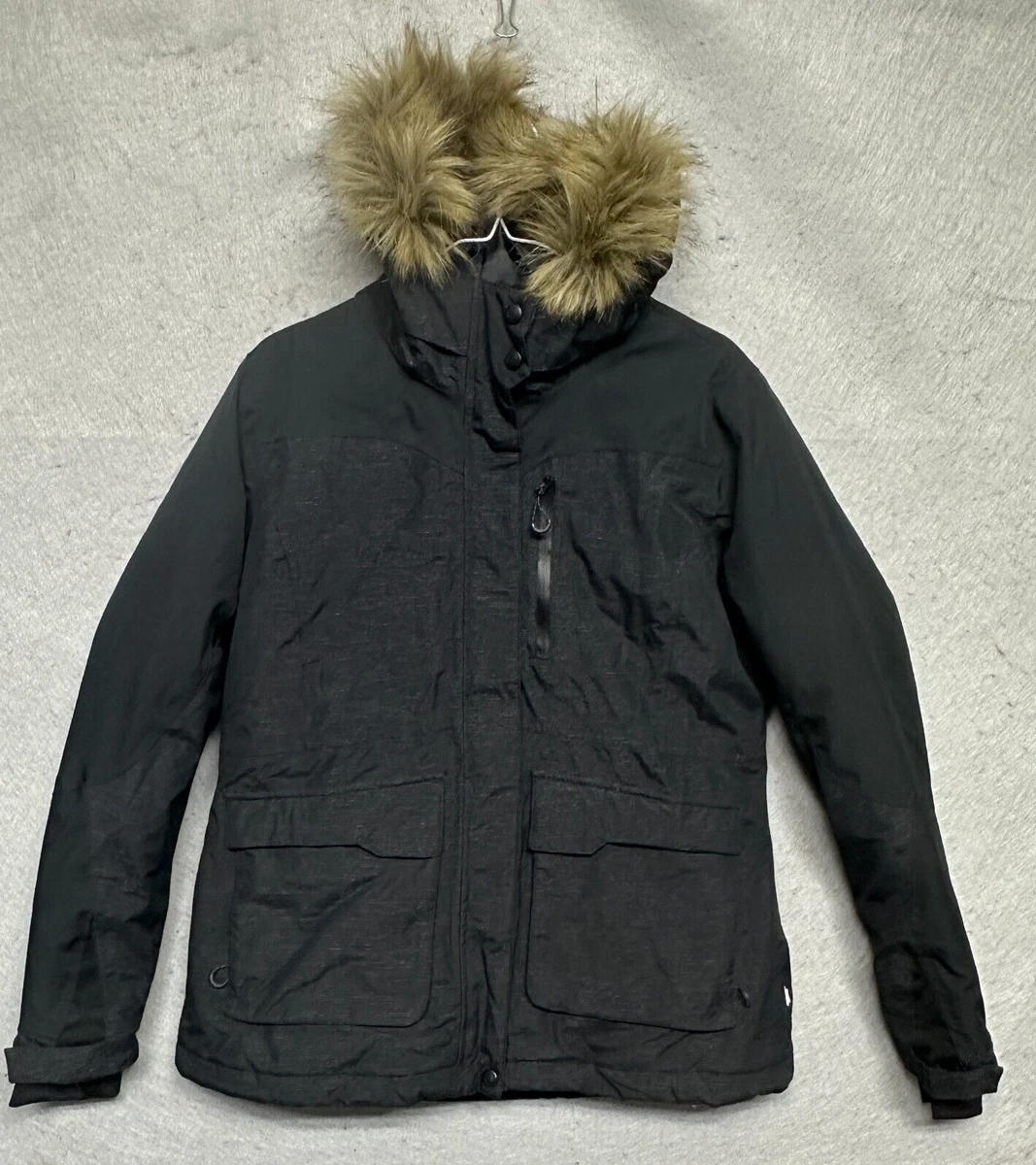 Magellan Outdoor Black Parka Hoodie Jacket Womens Brown Fur