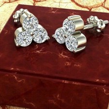 1.00Ct Round Cut Diamond Three Stone Stud Women's Earrings 14K White Gold Finish