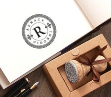Name Initial Rubber Stamp Personalized, Decorative Border, Special Gift Box