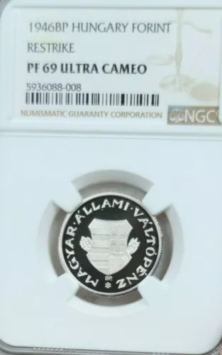1946 HUNGARY SILVER 1 FORINT RESTRIKE NGC PF 69 ULTRA CAMEO VERY RARE TOP POP 1