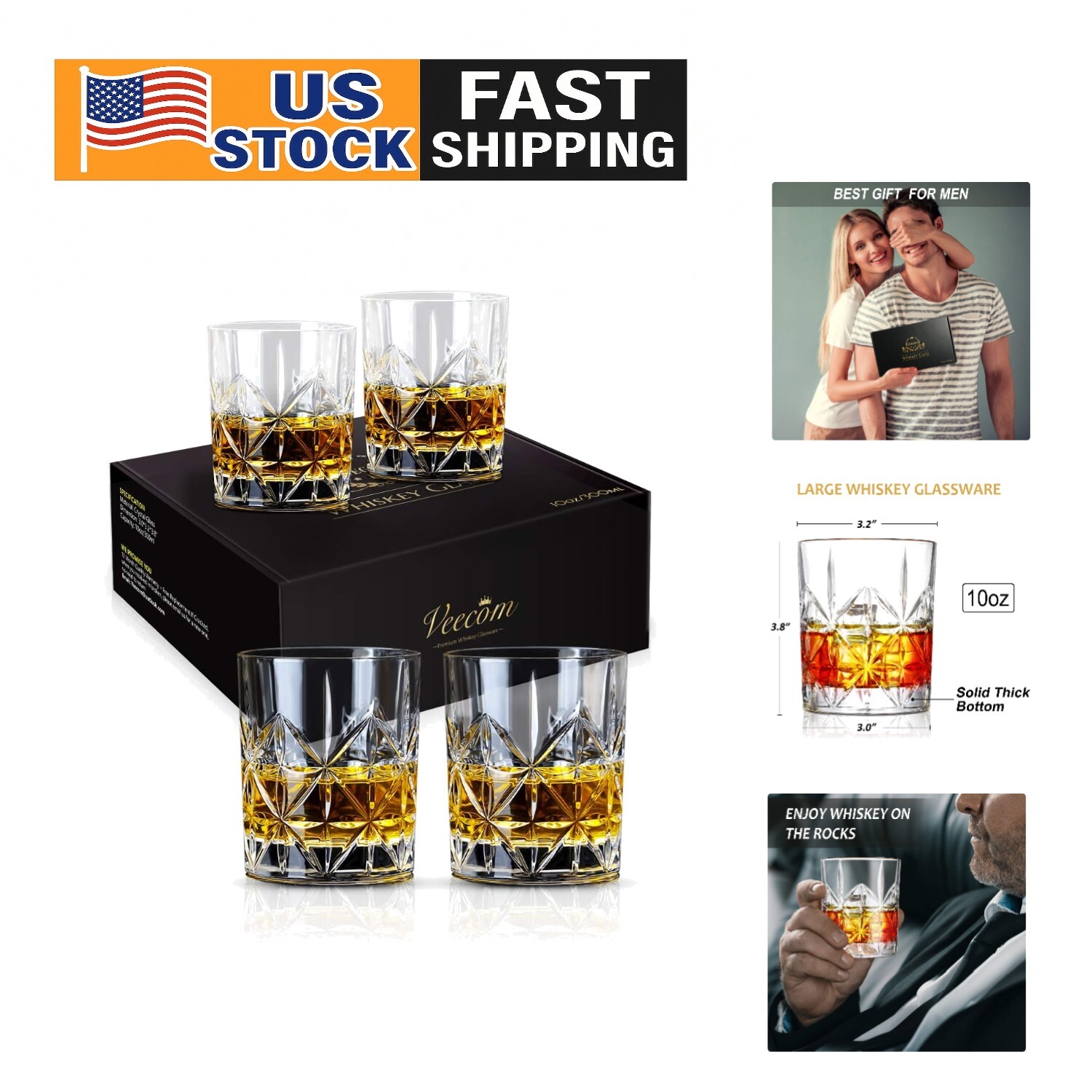 Vintage Crystal Whiskey Glasses, 10 oz - Perfect for Any Celebration