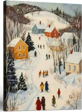 Framed Winter skiing Scene Canvas Wall Art Nordic Landscape Painting Print Poste