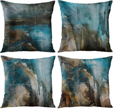 Set of 4 Throw Pillow Covers Modern Abstract Messy Teal Turquoise Black and Brow