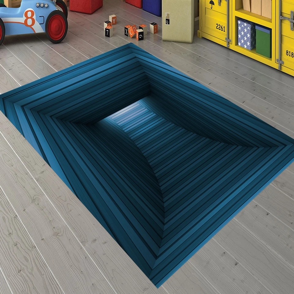 3D Optical Illusion Rug, Blue Geometric Carpet, Modern Abstract Floor depth Mat - Image 2 of 4